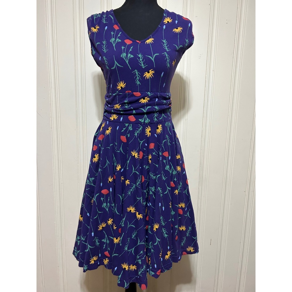 Effie's Heart A Purple Floral Fit and Flare Dress Retro Indie Mod V-Neck Ruched
